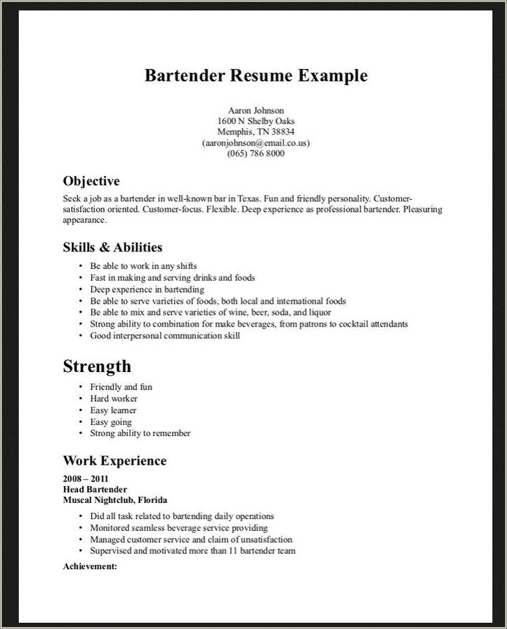 Best Objective Statements For Bartending Resume