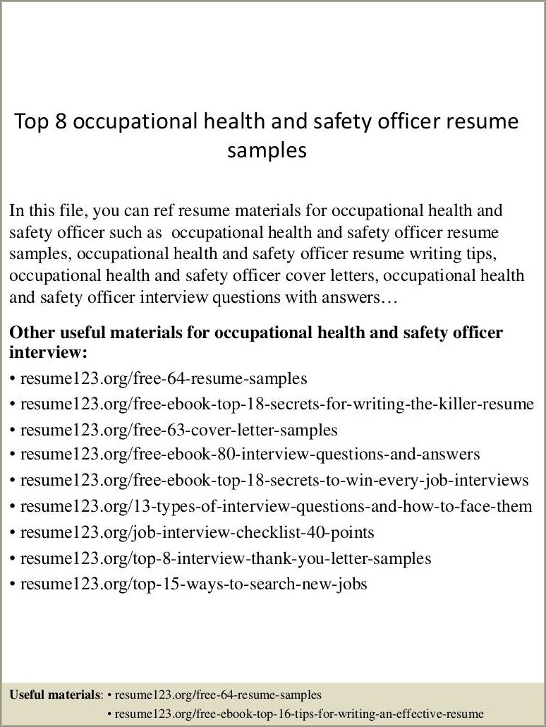 Best Occupational Health And Safety Resume Examples