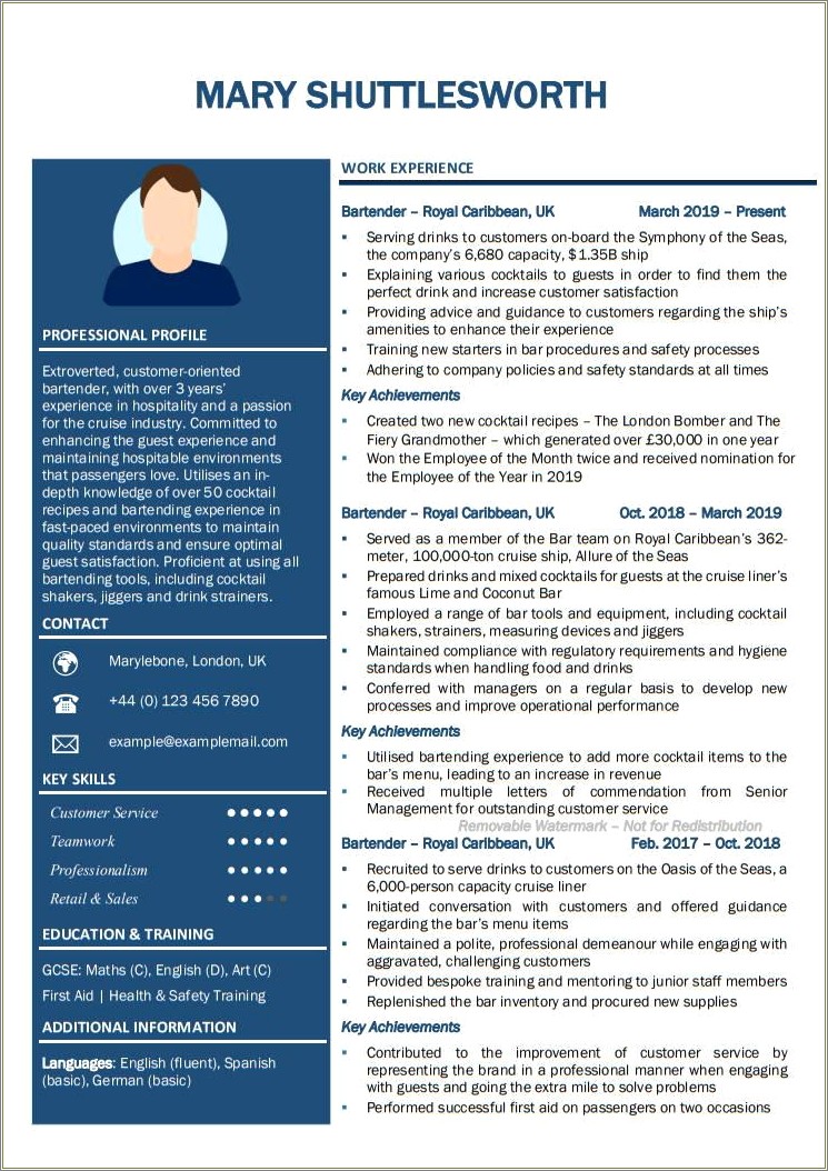 Best Personal Train Resume For Bartender