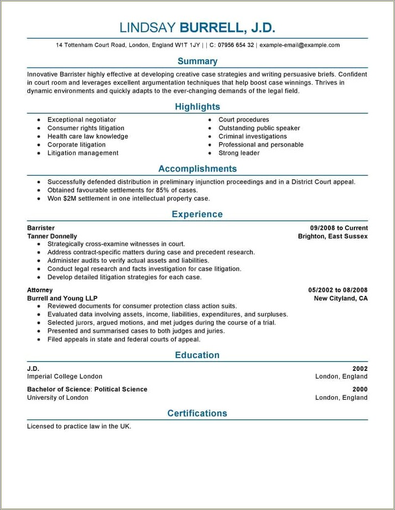 Best Resume For A Comercial Lawyer Sample