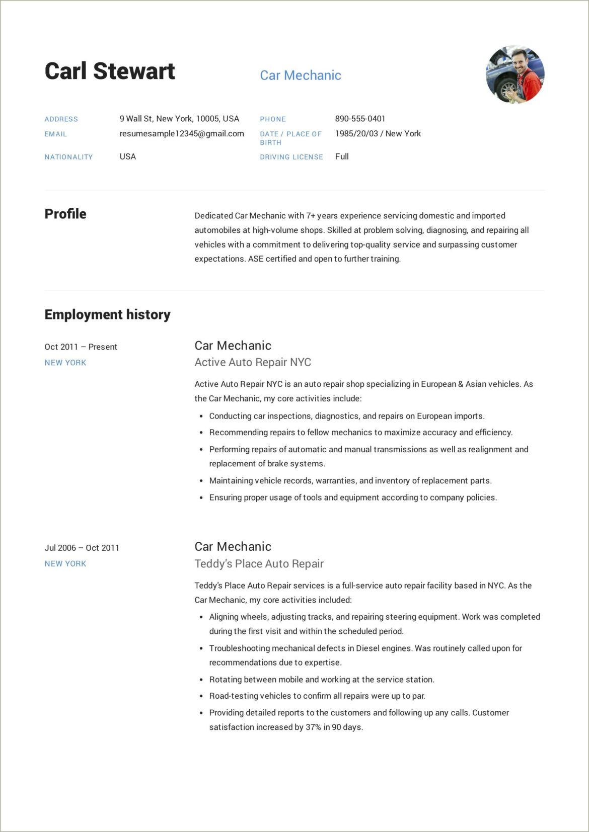 Best Resume For Automotive Service Technician