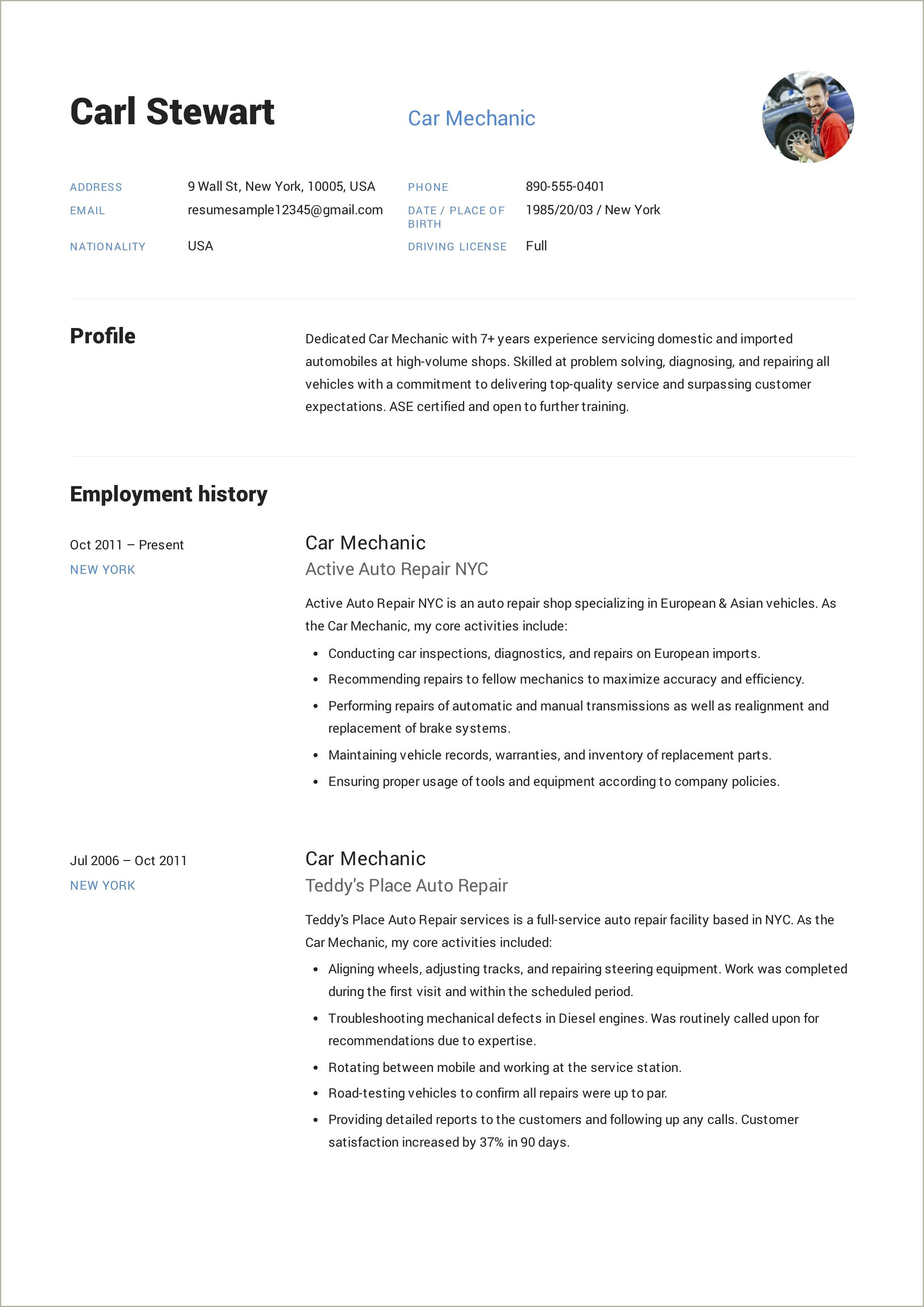 Best Resume For Automotive Service Technician