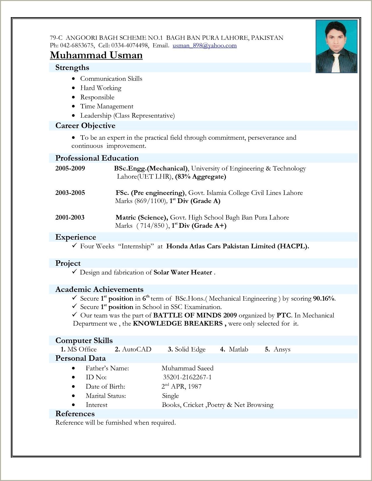 Best Resume For Engineer Fresher