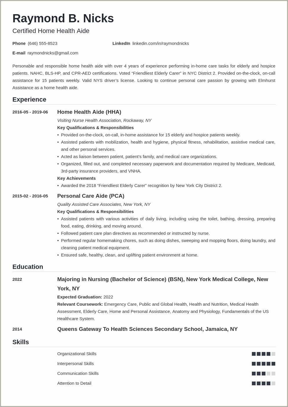 Best Resume For Health Care Aide