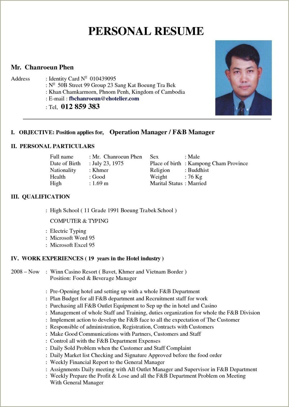 Best Resume For Hotel Catering Manager