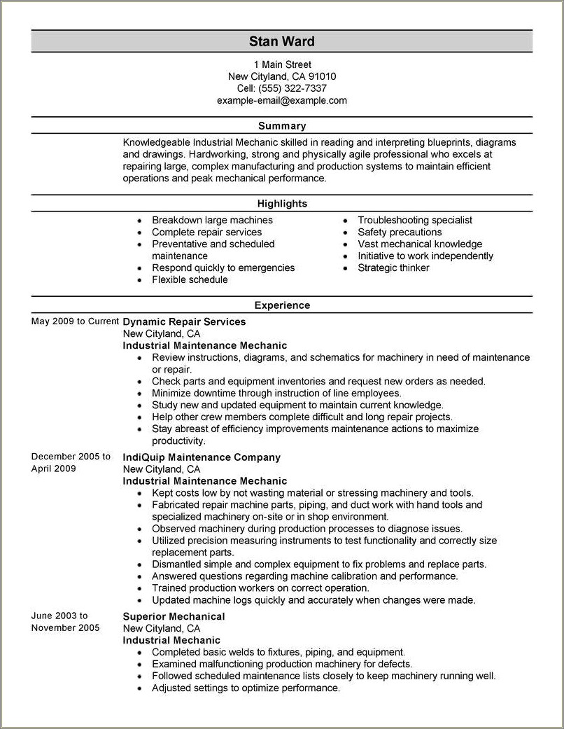 Best Resume For Mechanical Maintenance Technician