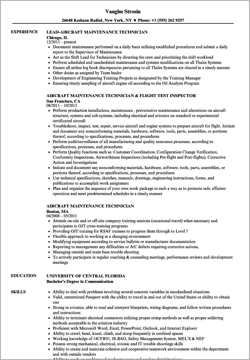 Best Resume Format For Aircraft Mechanic