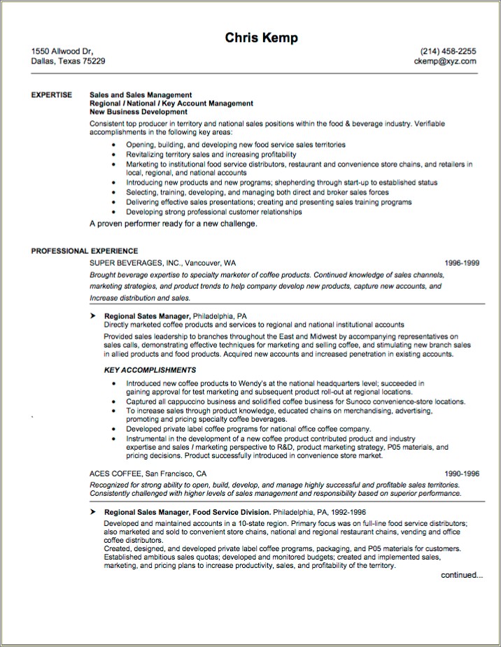 Best Resume Format For Area Sales Manager