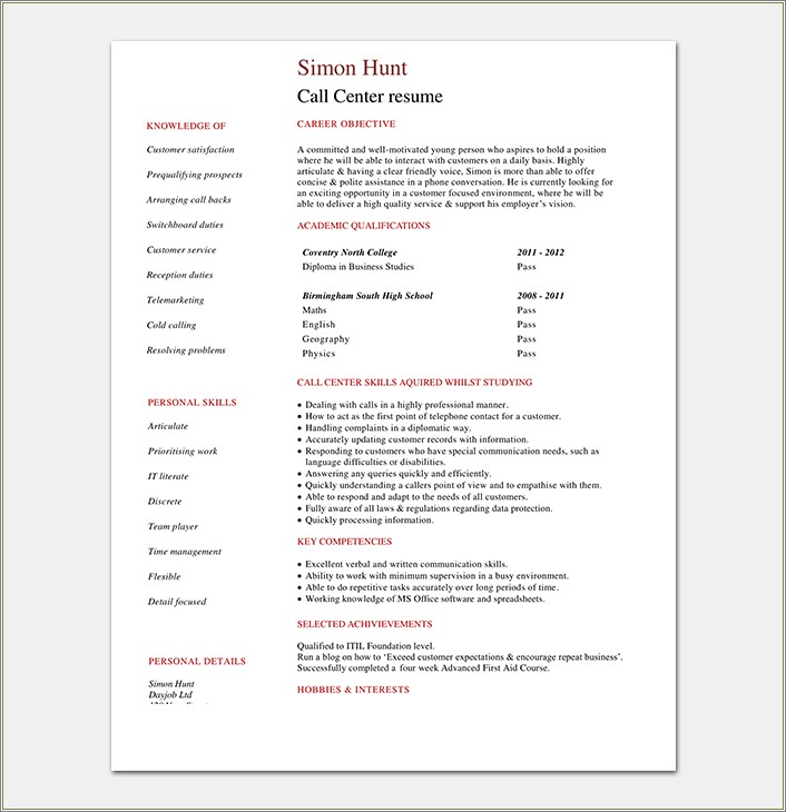 Best Resume Format For Call Center Job