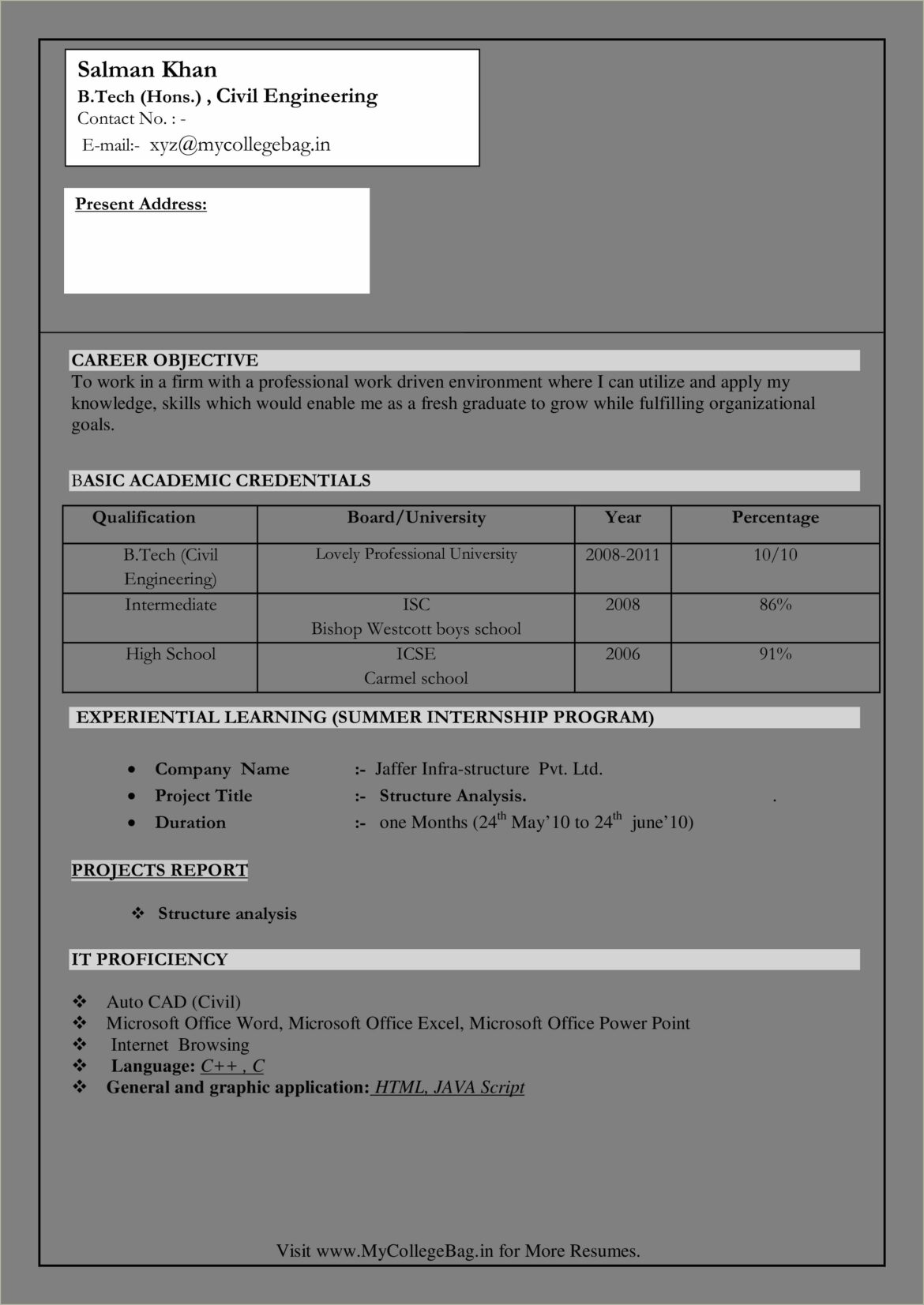 Best Resume Format For Engineer Fresher