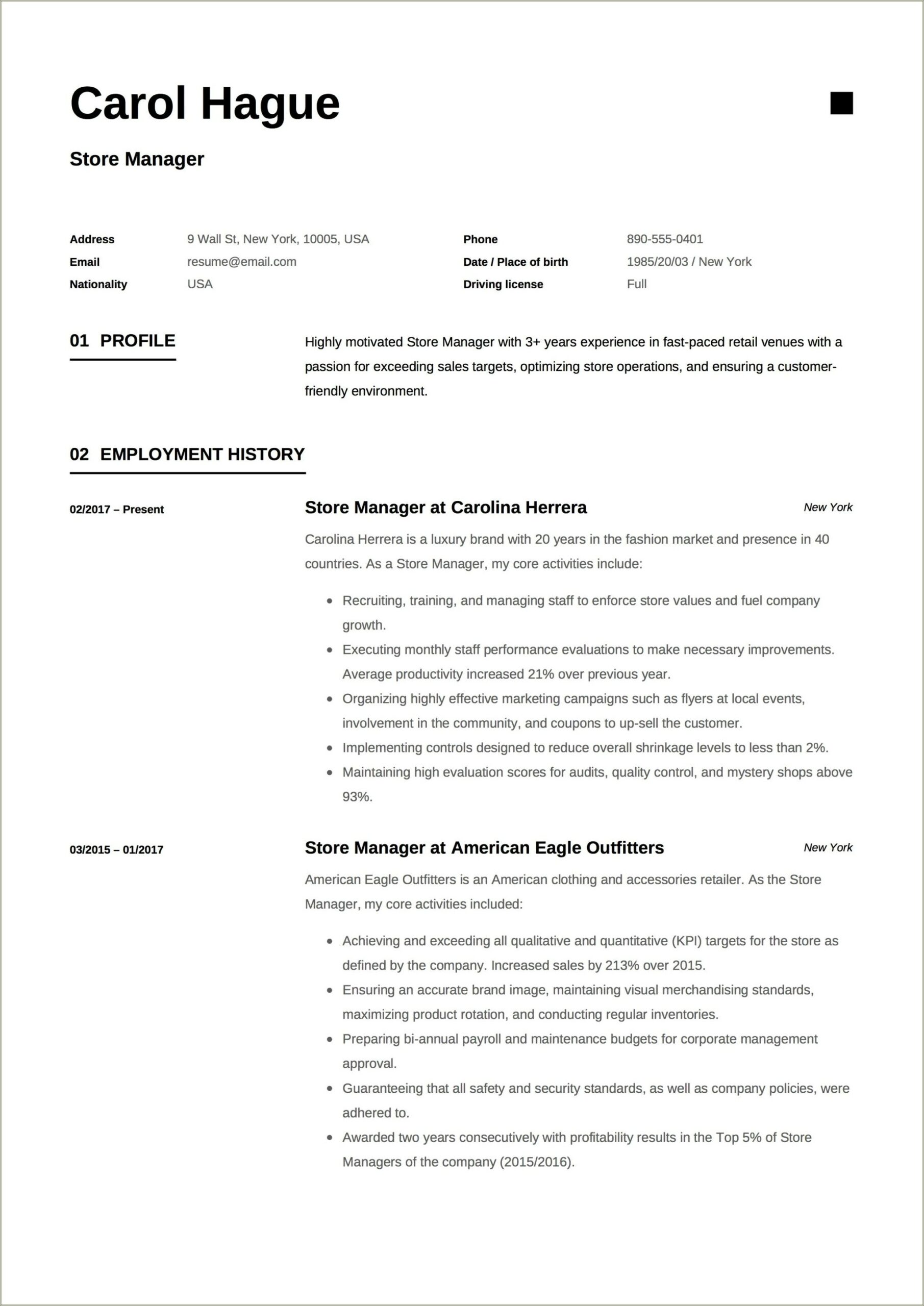 Best Resume Format For Retail Store Manager