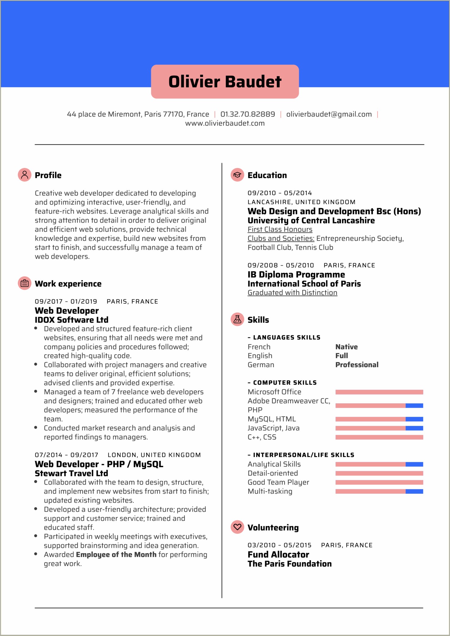 Best Resume Template For Web Developer