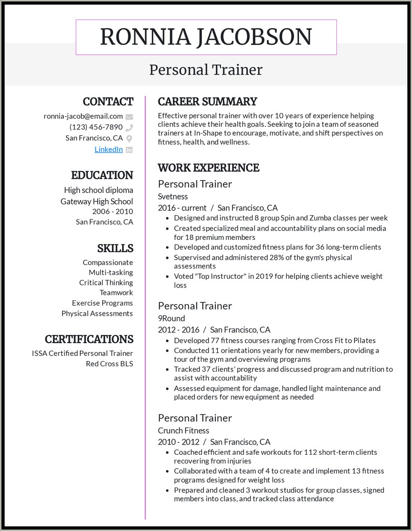 Best Summary For Resume Personal Trainer