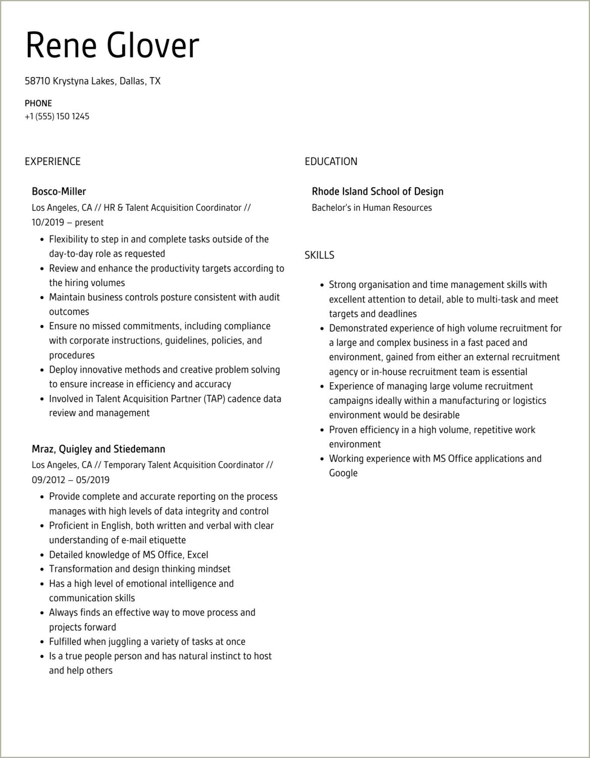 Best Talent Acquisition Coordinator Resume Sample One Page