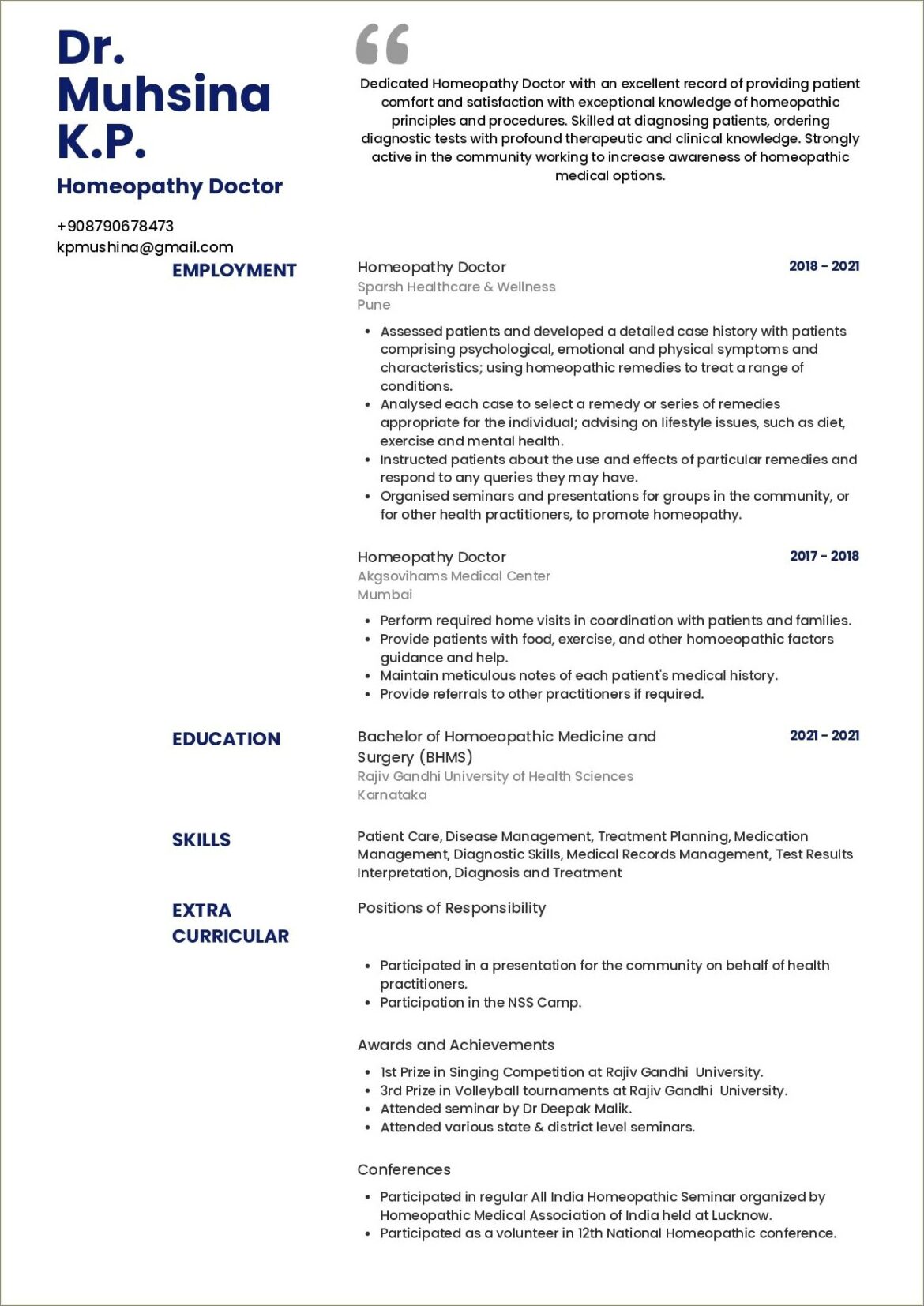 Bhms Doctor Resume Format Free Download