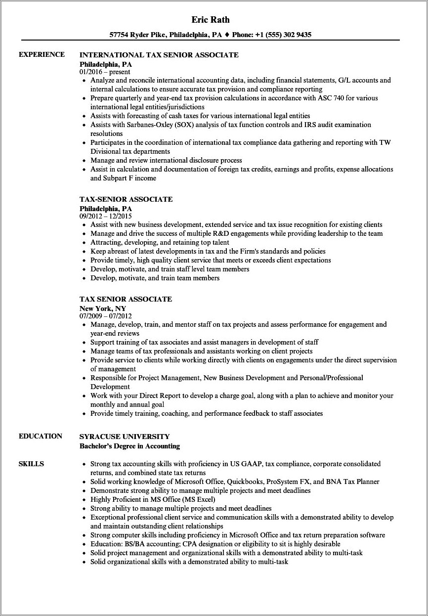 Big Four International Tax Resume Sample