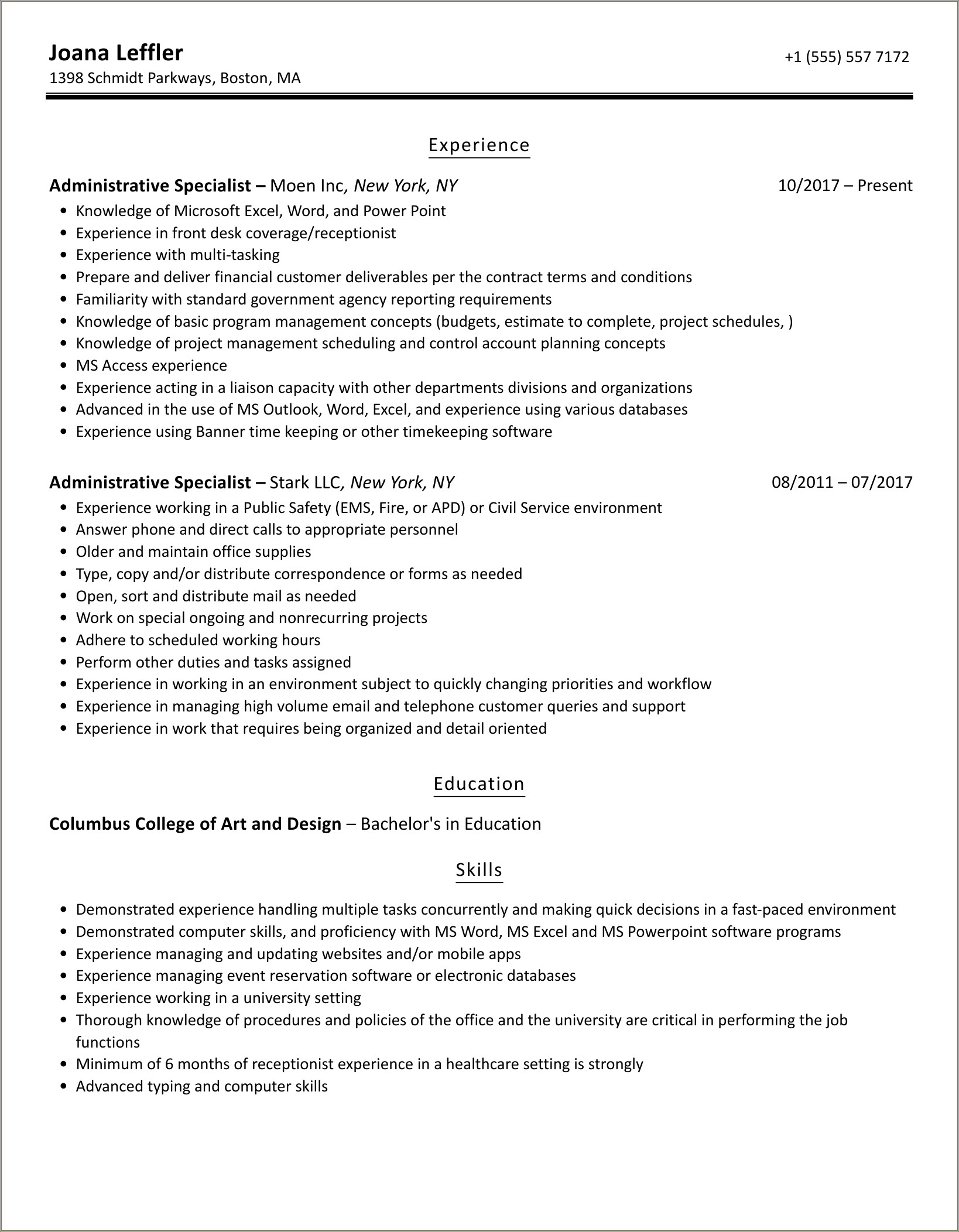 Billing And Administrative Specialist Resume Sample