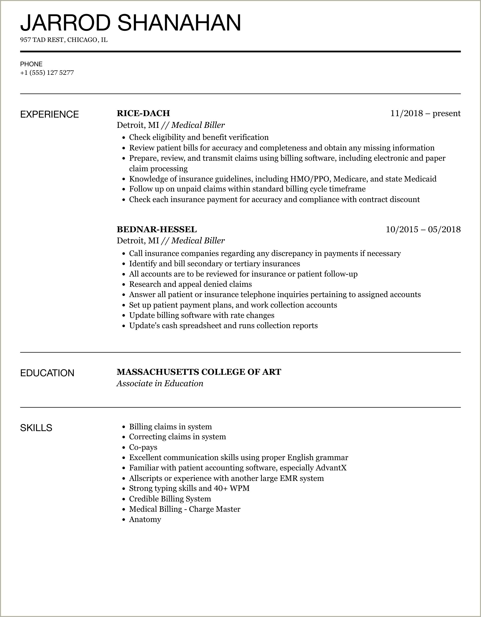 Billing And Coding Resume No Experience