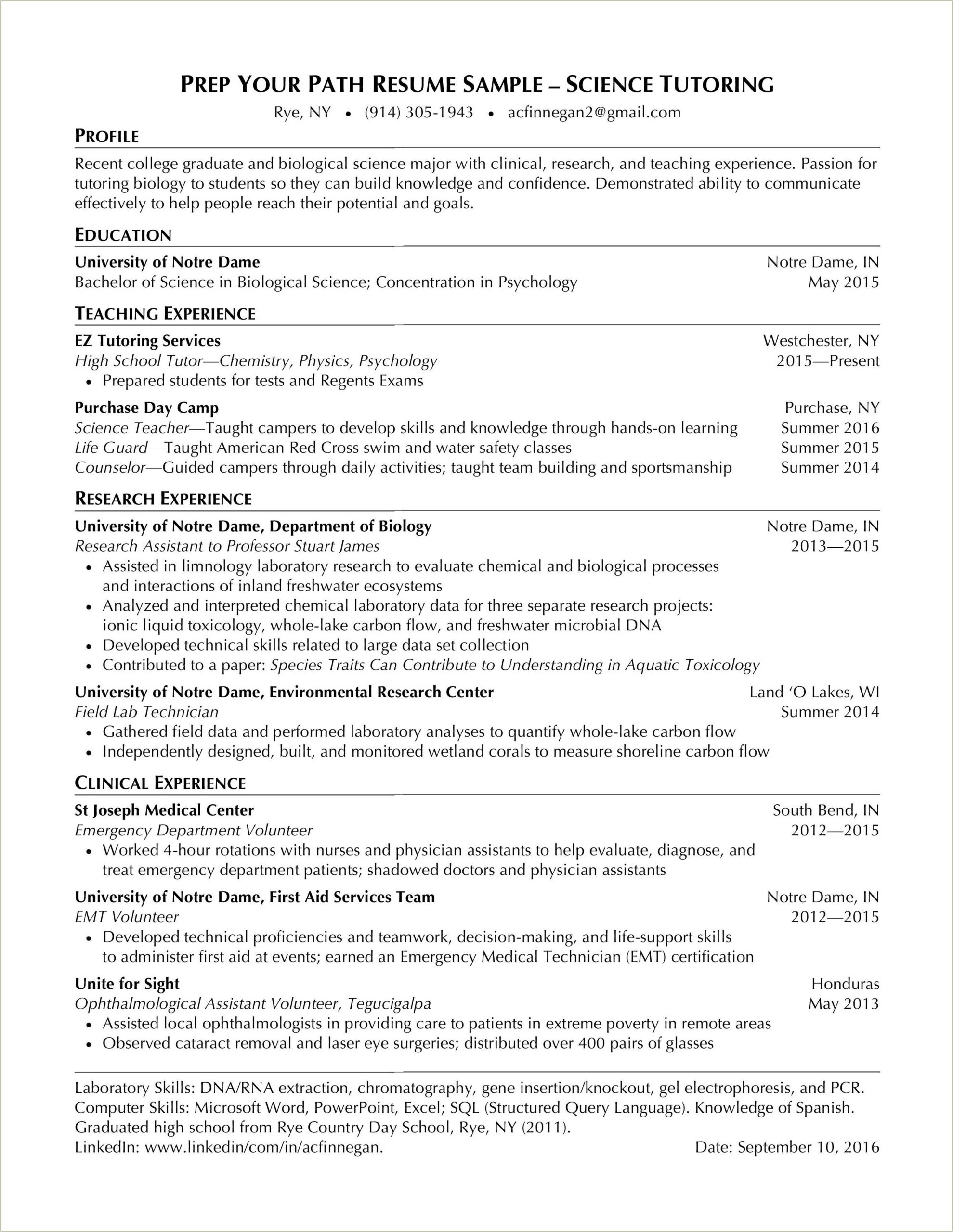 Biology Science Skills In A Resume