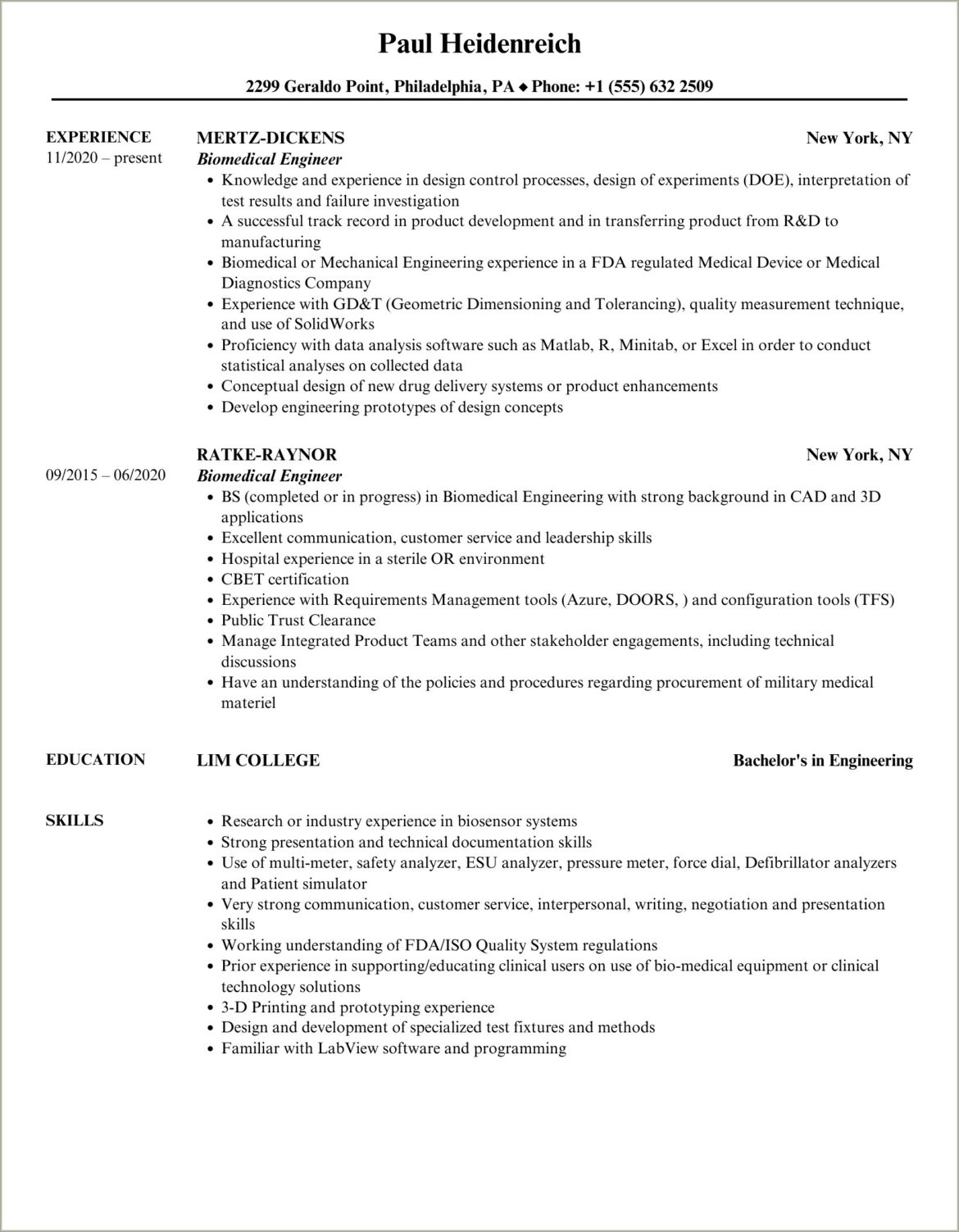 Biomedical Engineer Resume Sample In India