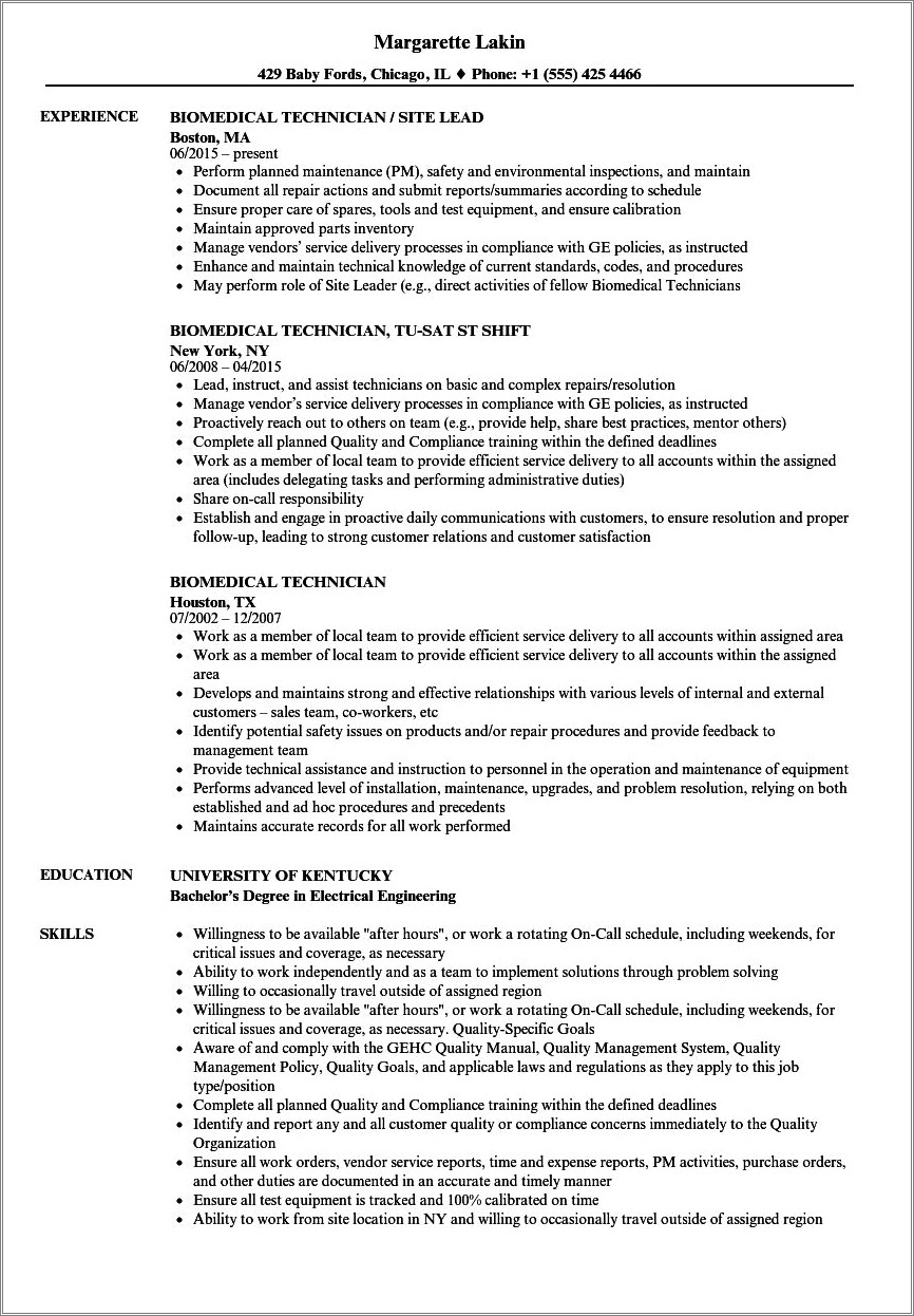 Biomedical Field Service Engineer Sample Resume