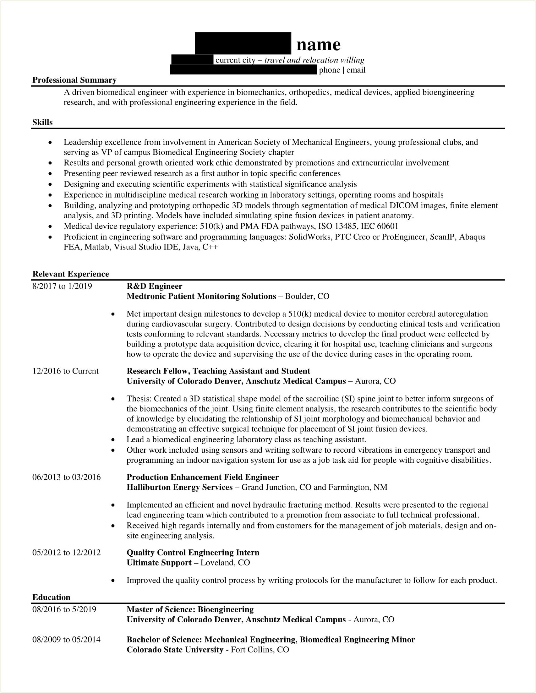 Biomedical Service Engineer Skills In Resume