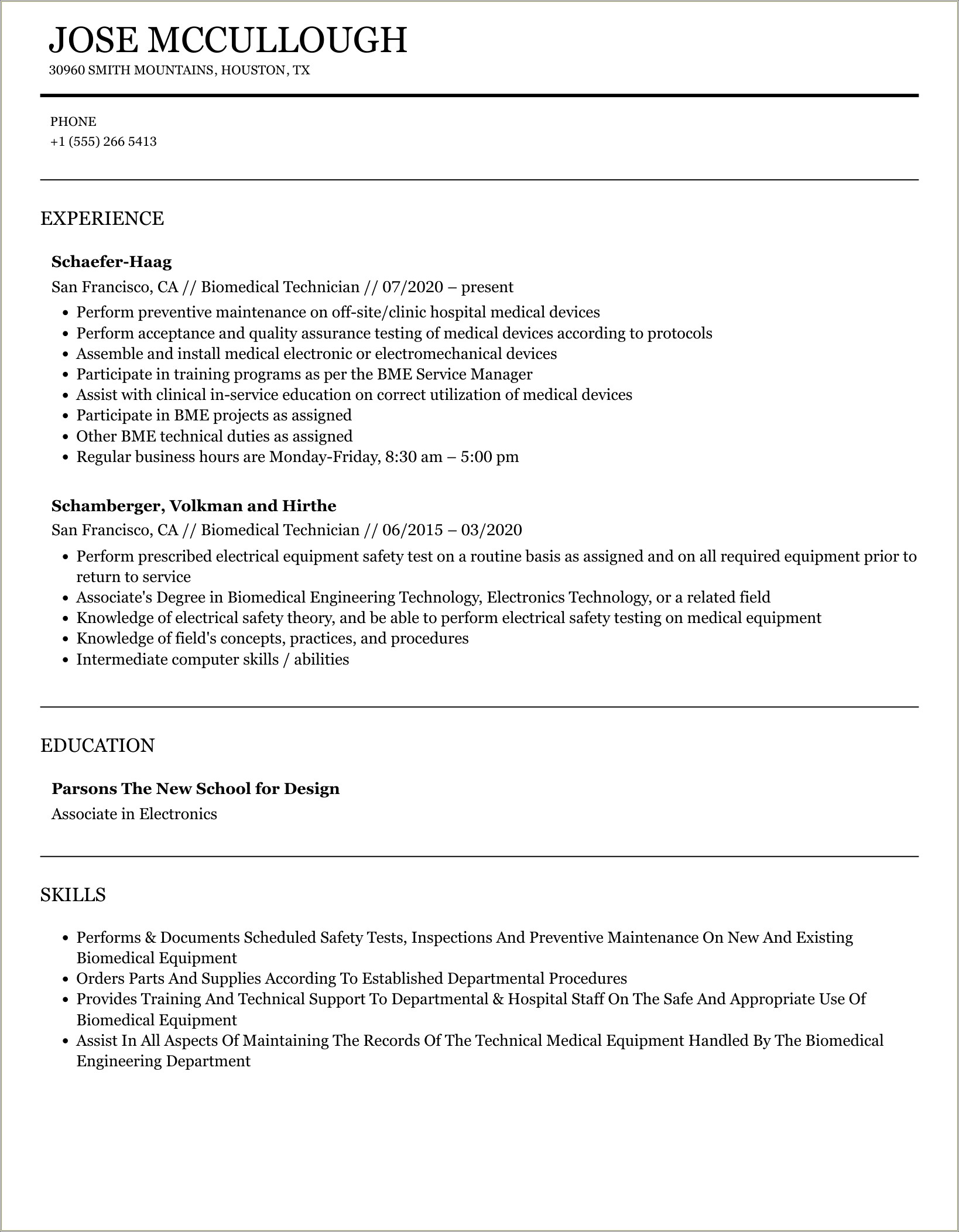 Biomedical Technician Job Description For Resume