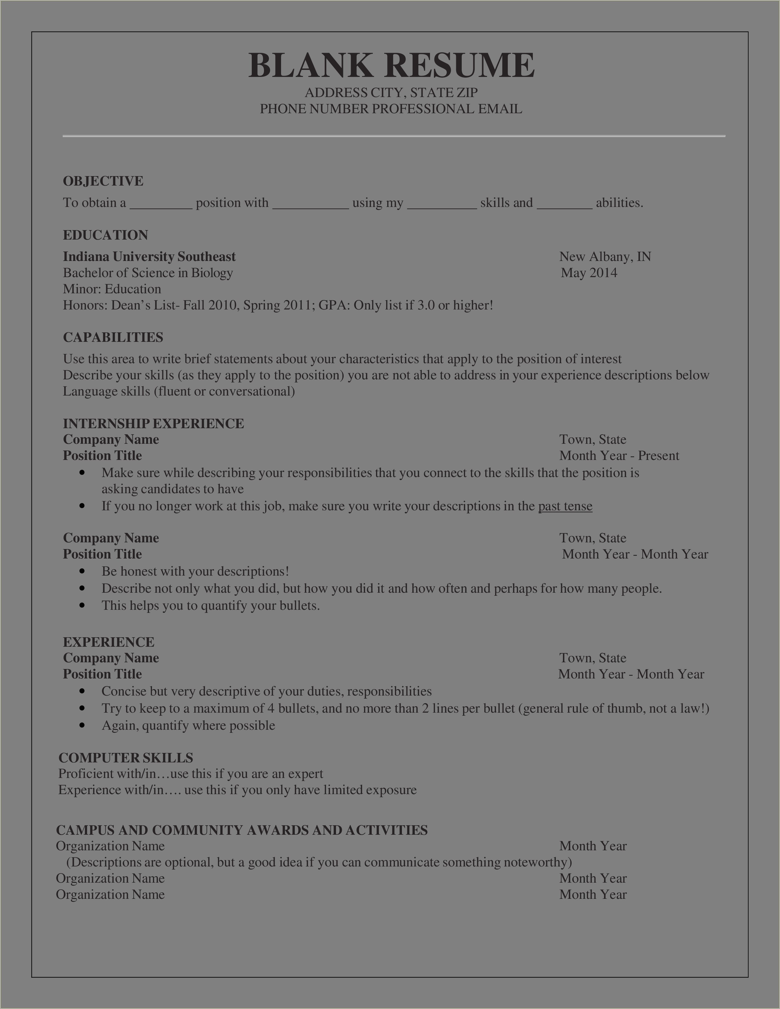 Blank One Page Resume Template Free Download