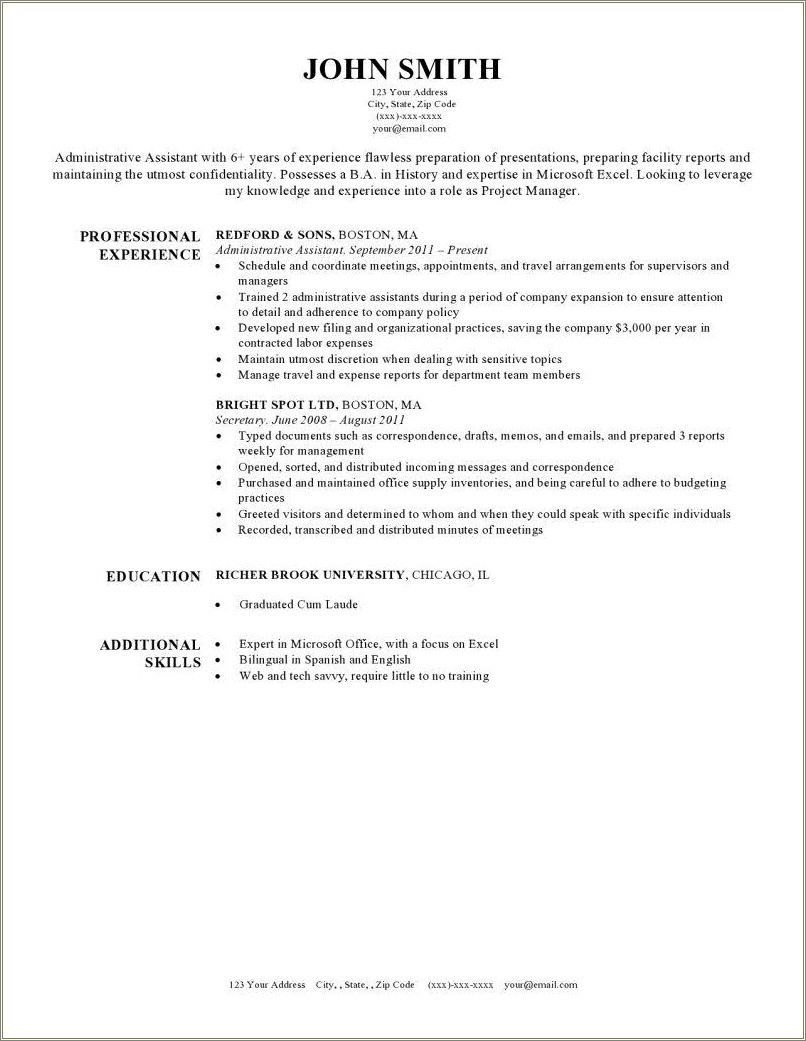 Blank Resume Form For School Secretary