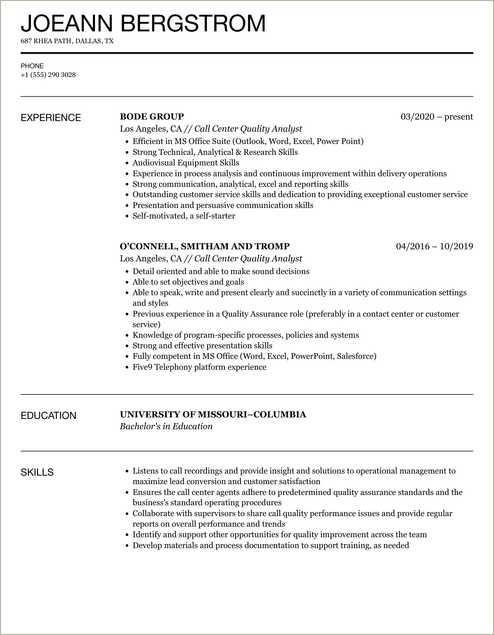 Boa Shared Services Qa Resume Sample