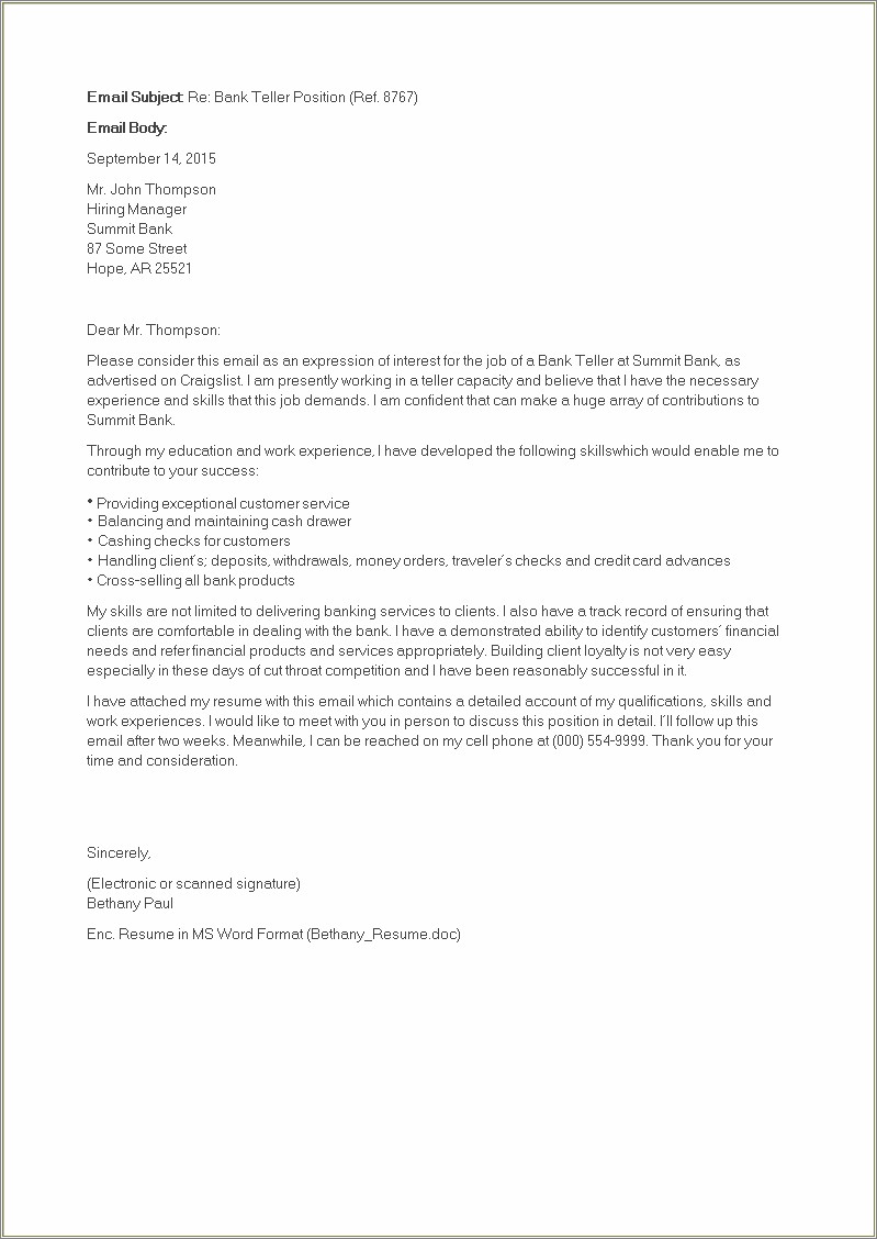 Body Of Email With Cover Letter And Resume