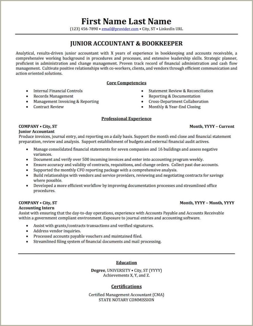 Book Keeping And Accounting Resume In Word Document