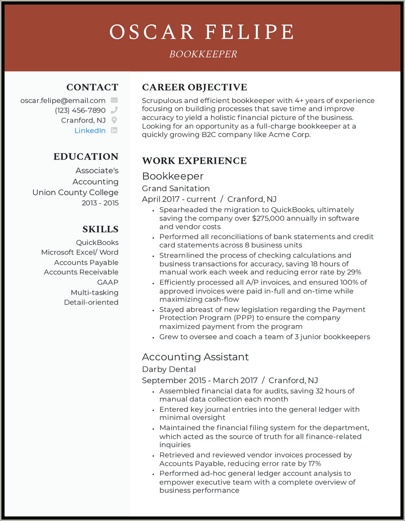 Bookkeeper Resume Bullet Points No Experience