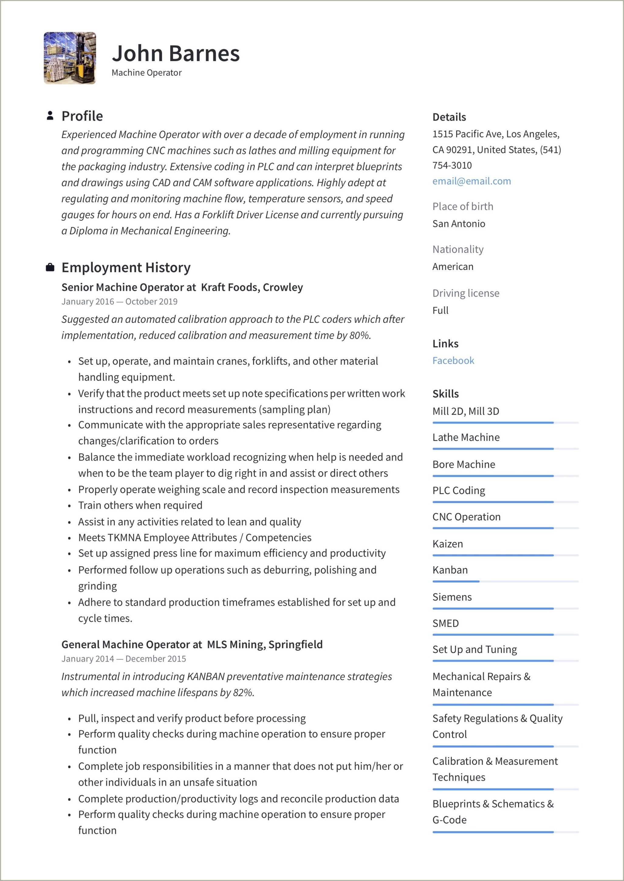 Brake Press Operator Summary For Resume