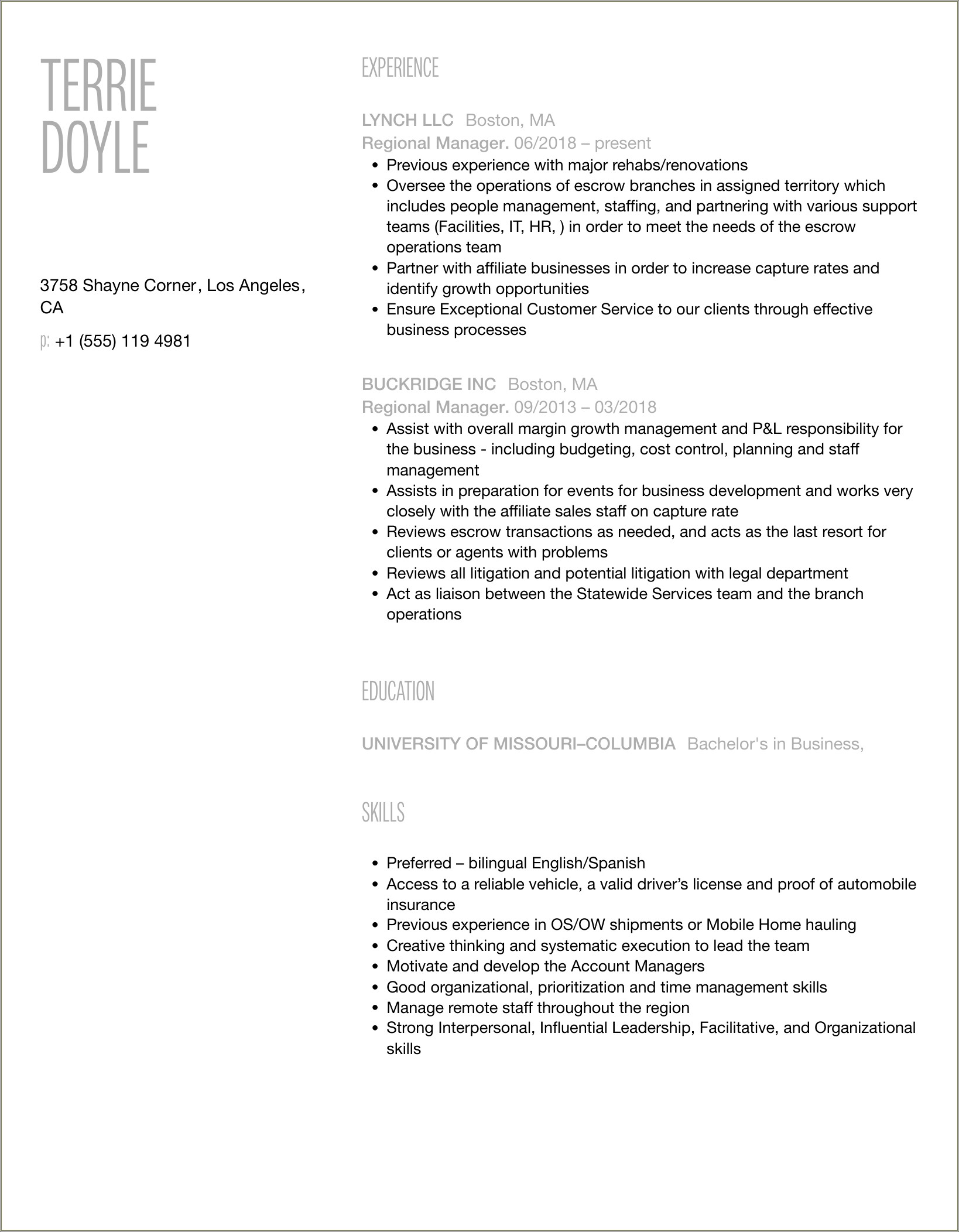 Branch Manager Enterprise Rent A Car Resume