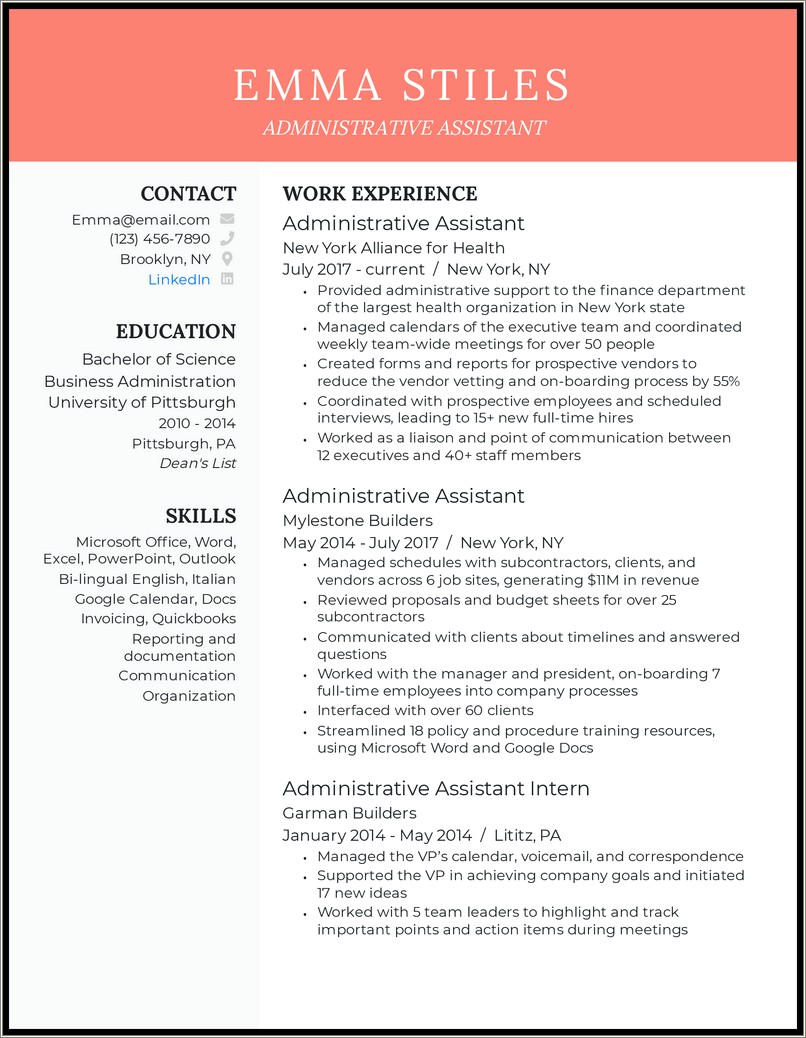 Brief Summary For Resume Administrative Assistant