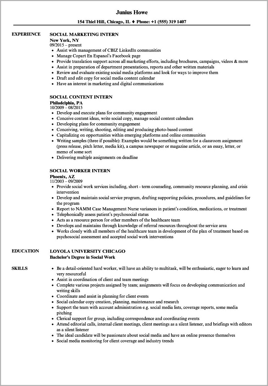 Bsw Student Resume For Internship No Experience