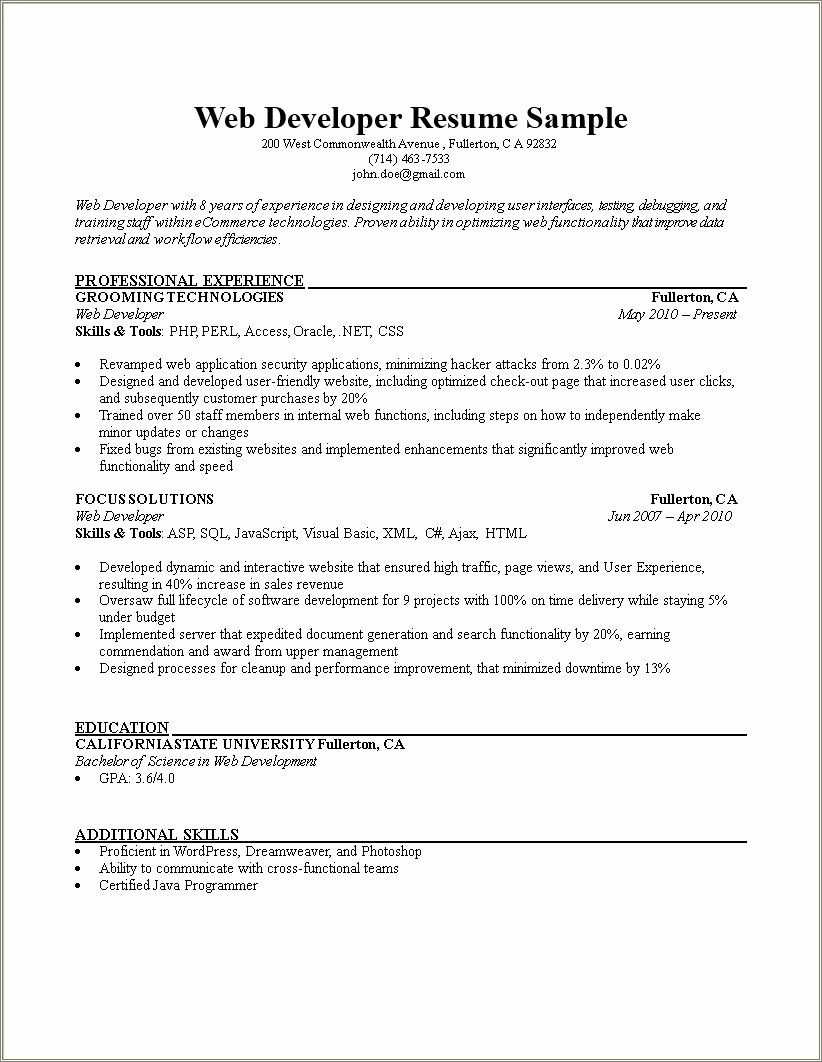 Budget Web Apllication Description On Resume