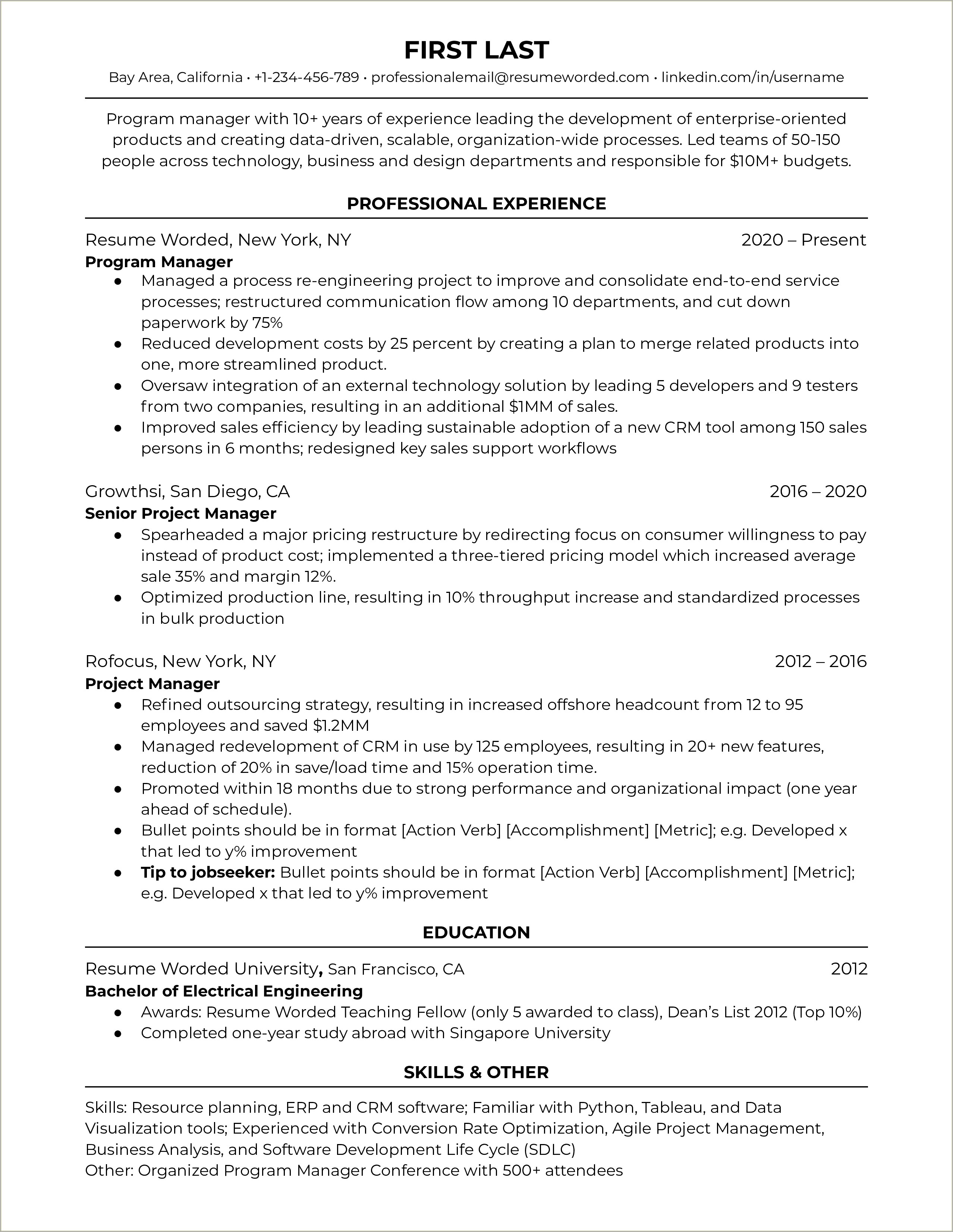 Bullet Points For Manager Job For Resume