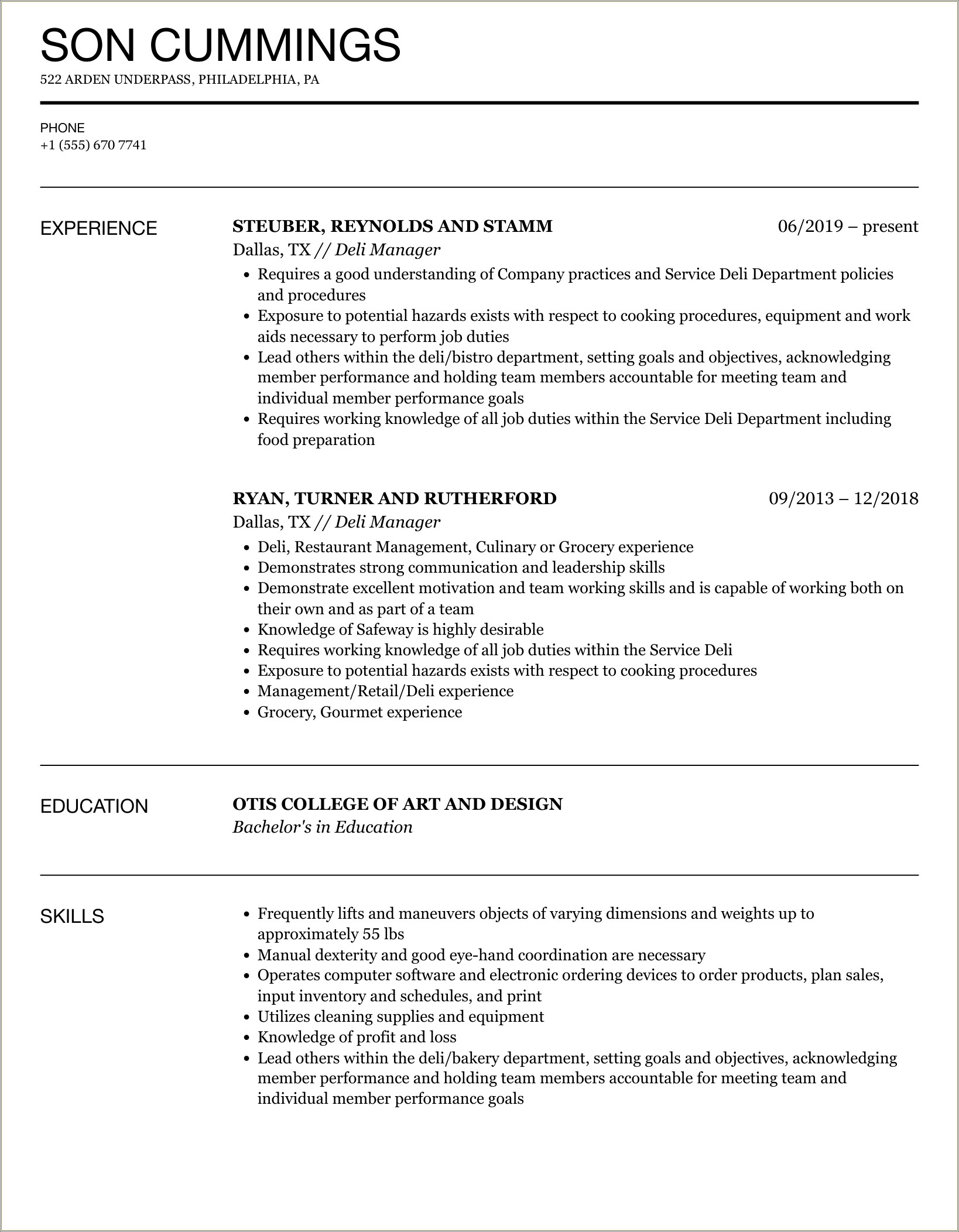 Bulletin On Resume For Assistant Deli Manager Skills