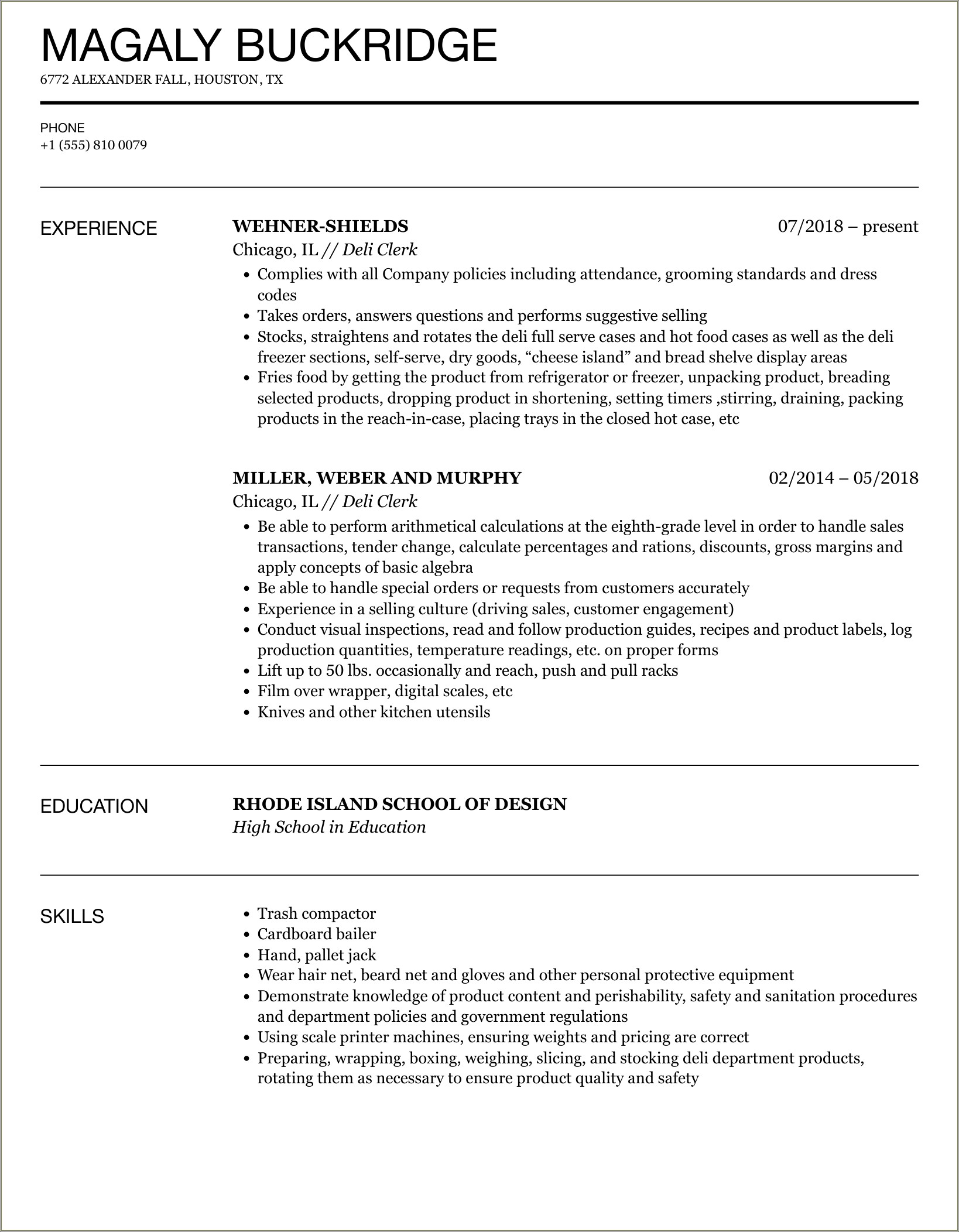 Bulletin On Resume For Deli Manager Skills