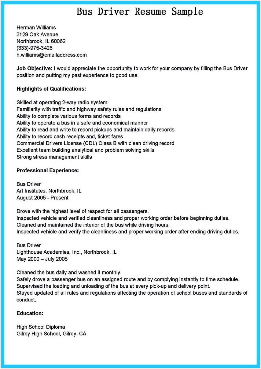 Bus Driver Job Description For Resume