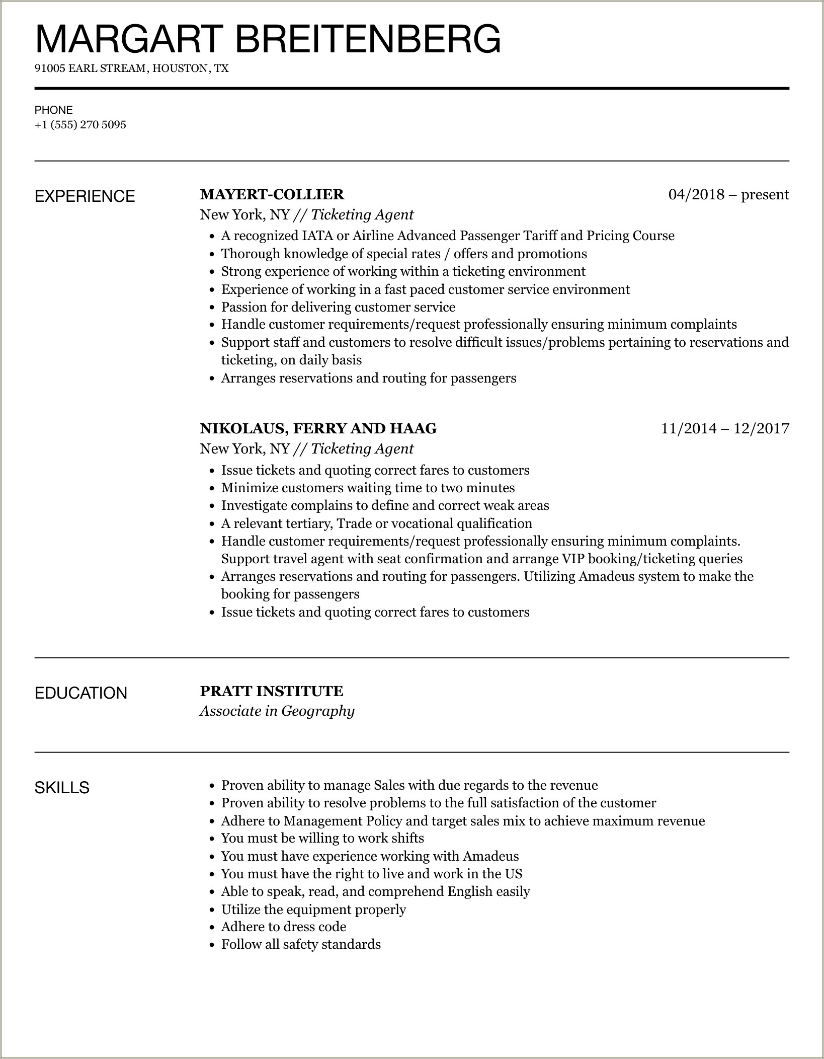 Bus Ticket Agent Job Description Resume