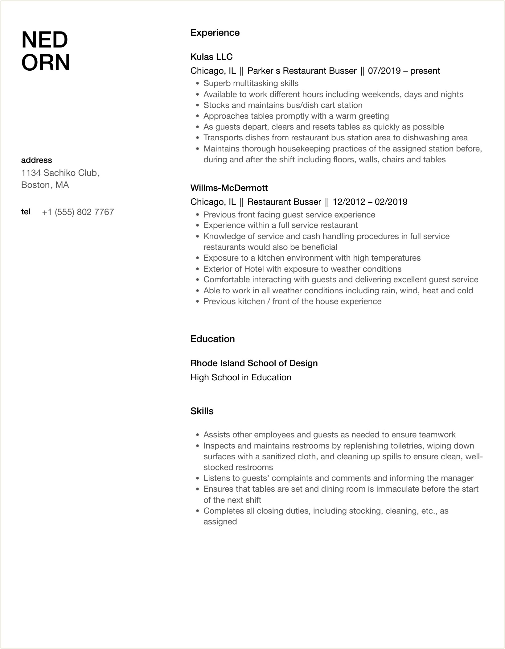 Buser And Salad Bar Skills For Resume