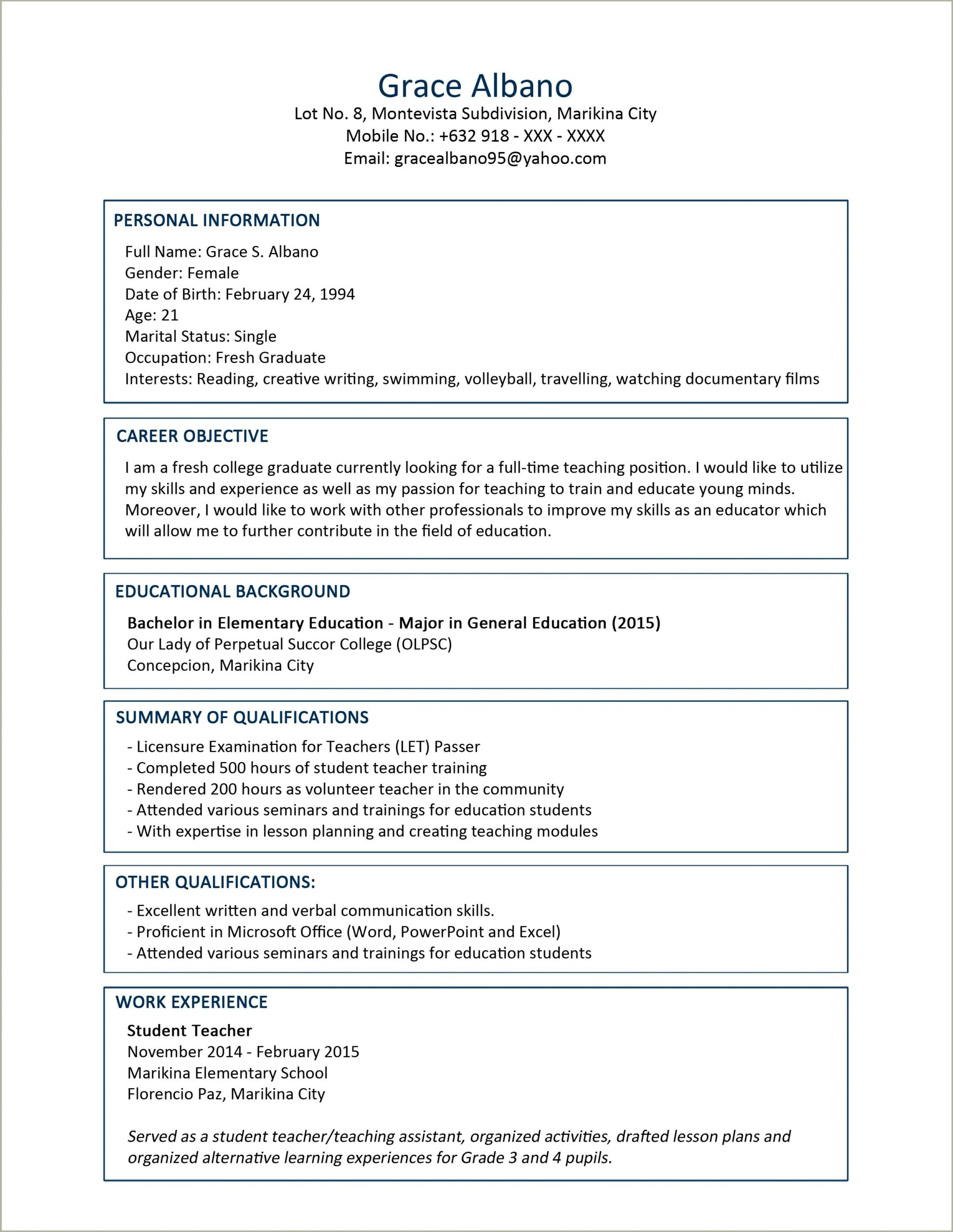 Business Administration Garduate Resume No Experience