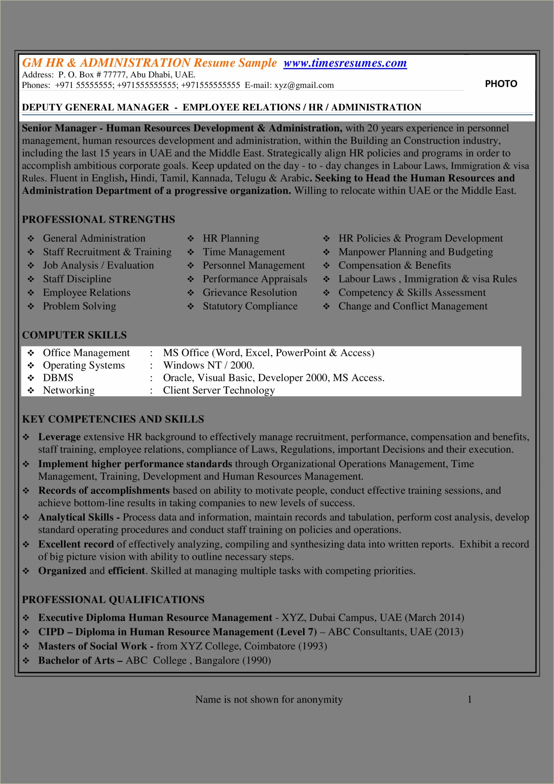 Business Administration Resume In Human Resource Management