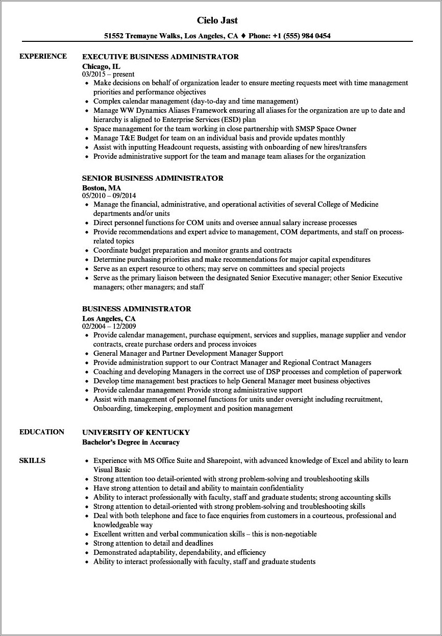 Business Administration Resume Professional Summary Examples