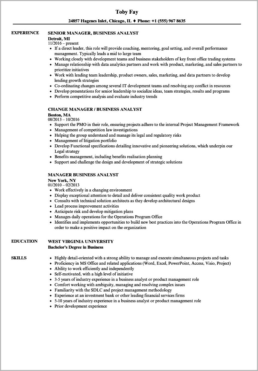 Business Analyst And Change Management Resume