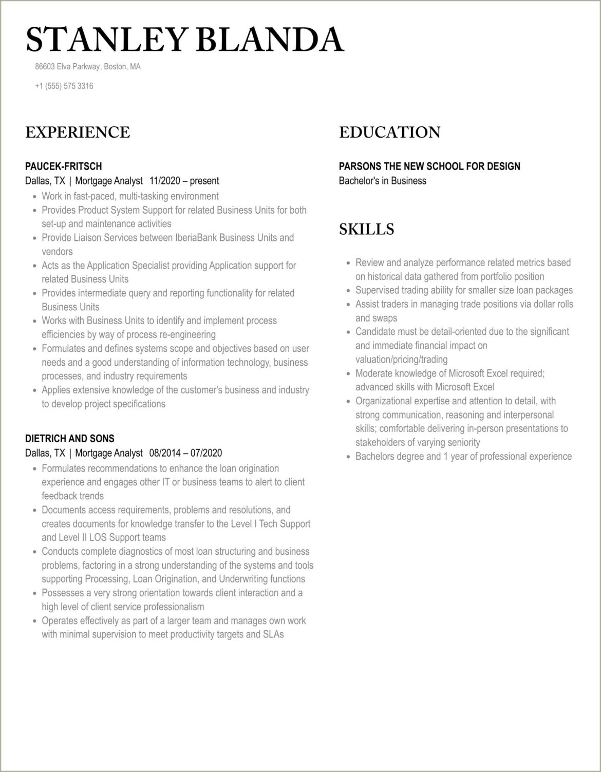 Business Analyst Loan Origination Mortage System Sample Resume