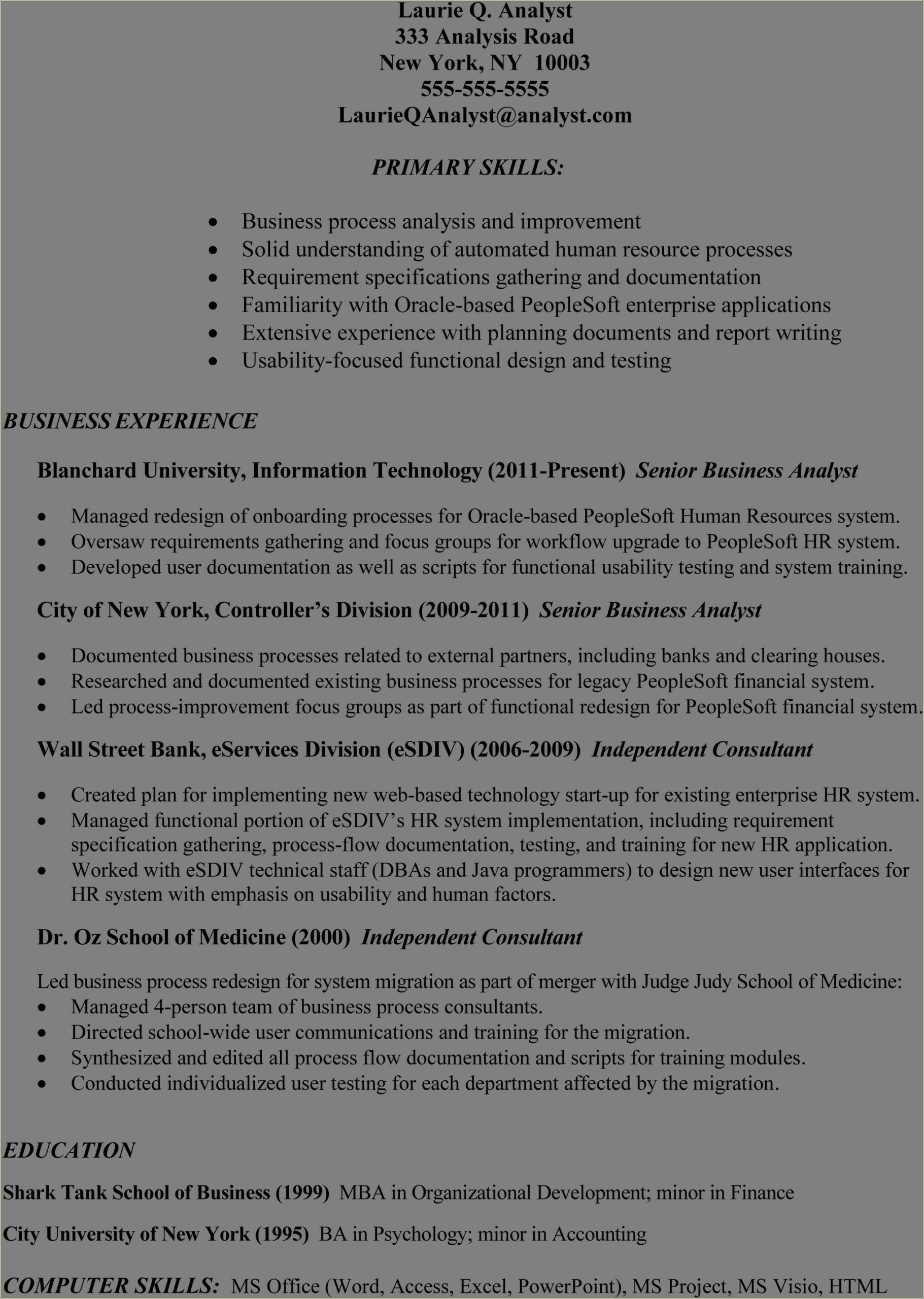 Business Analyst Resume Example Create My Resume